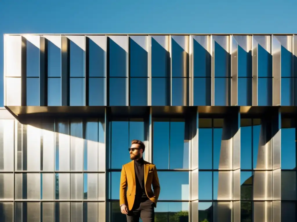 Edificio moderno de acero reciclado, reflejando la luz del sol en un contraste impresionante con la naturaleza