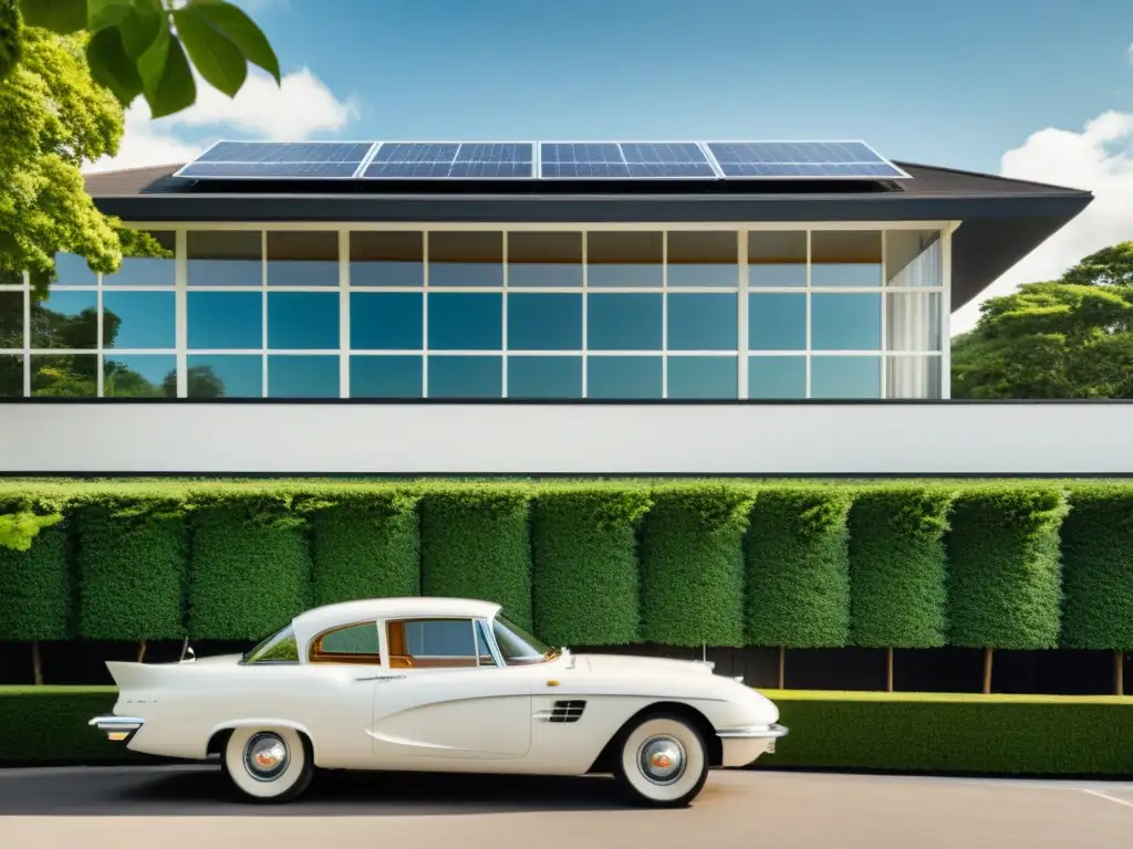 Edificio moderno con paneles solares, rodeado de vegetación