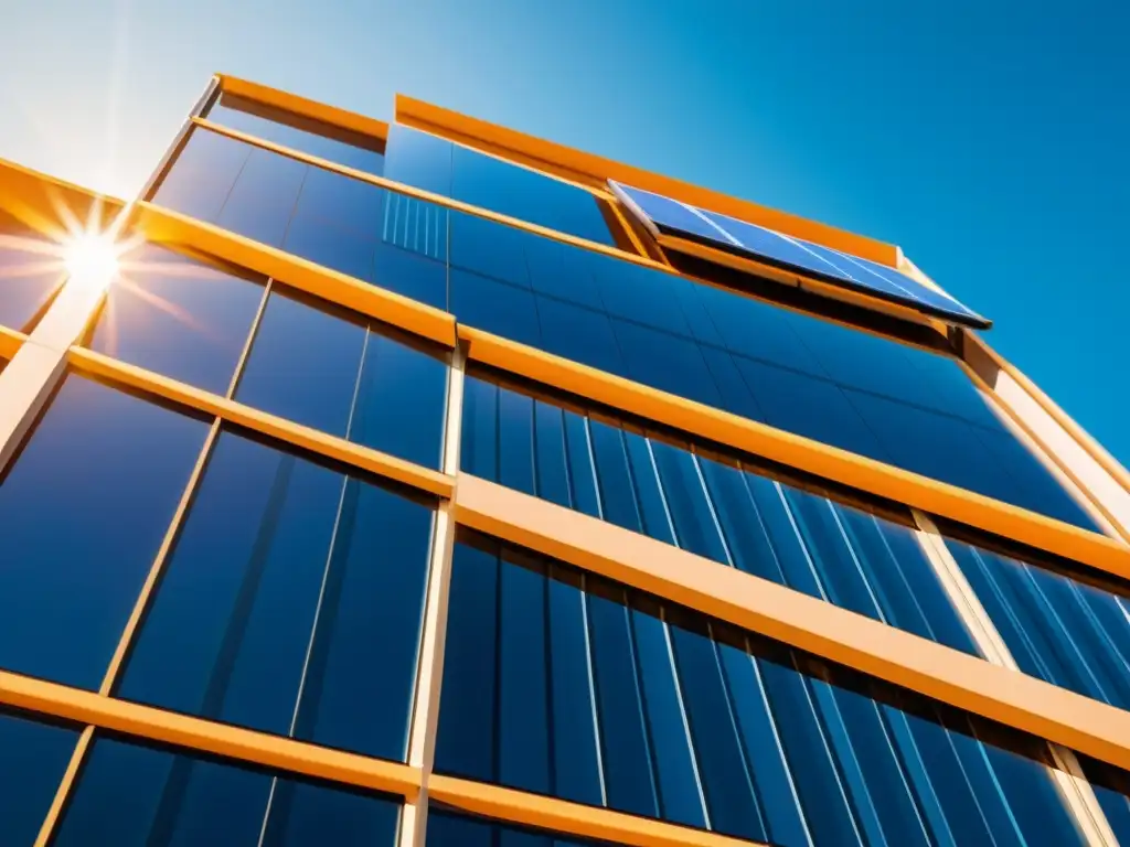 Edificio moderno con paneles solares integrados en fachadas, bañados por la cálida luz del sol, destacando su diseño sostenible e innovador