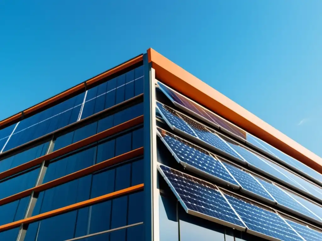 Edificio moderno con paneles solares integrados en fachadas captando la luz del sol, simbolizando energía ecoamigable