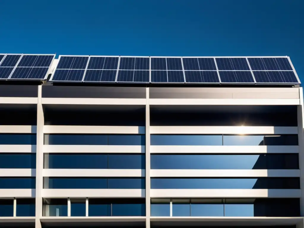 Edificio moderno con paneles solares integrados en fachadas, contrastando con el cielo azul