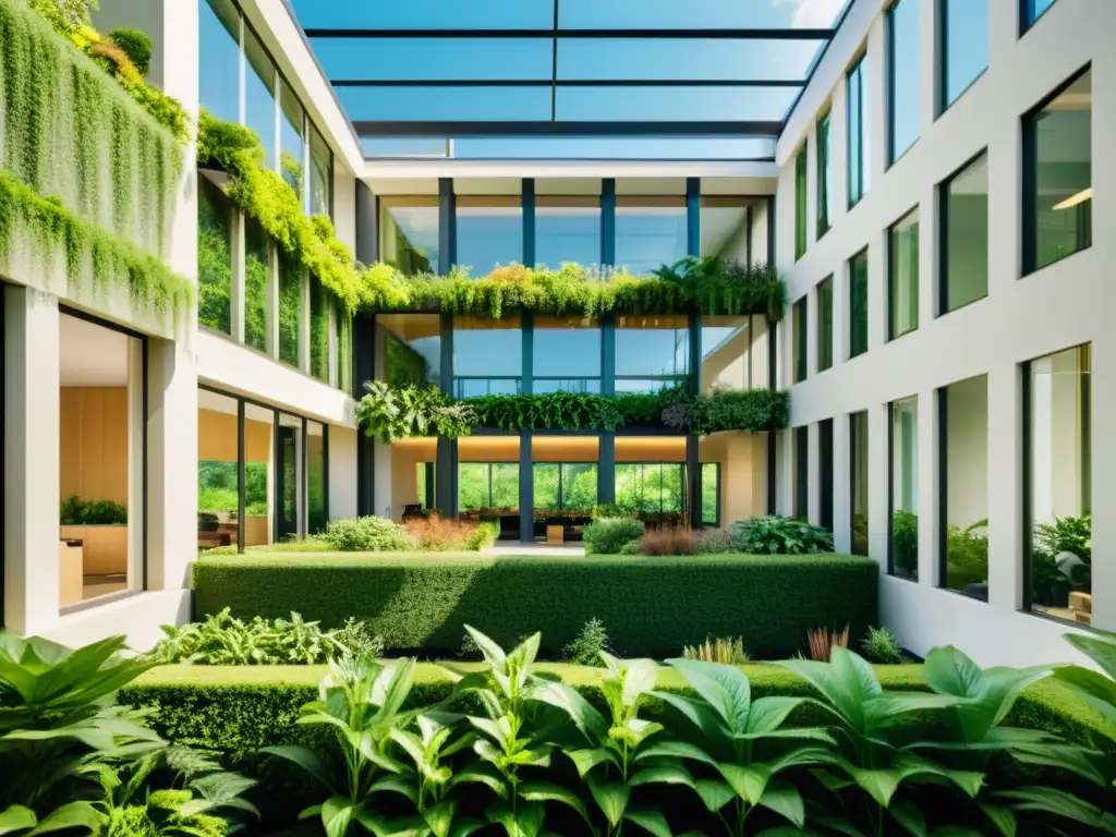 Un edificio moderno rodeado de exuberante vegetación, con grandes ventanales y luz natural