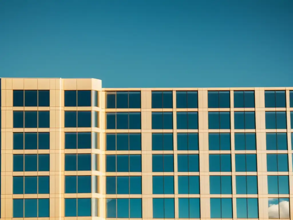 Edificio moderno con técnicas de iluminación sostenible, bañado en cálida luz solar, evocando sofisticación y tranquilidad