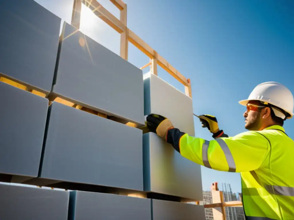 Un edificio moderno en construcción, trabajadores con cascos colocando bloques de hormigón celular