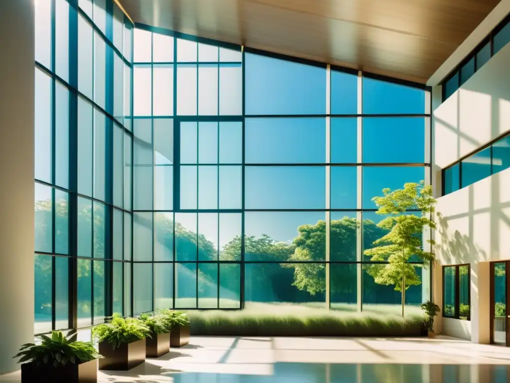 Edificio moderno con ventanas inteligentes control transparencia, bañado por luz cálida entre exuberante naturaleza y cielo azul vibrante