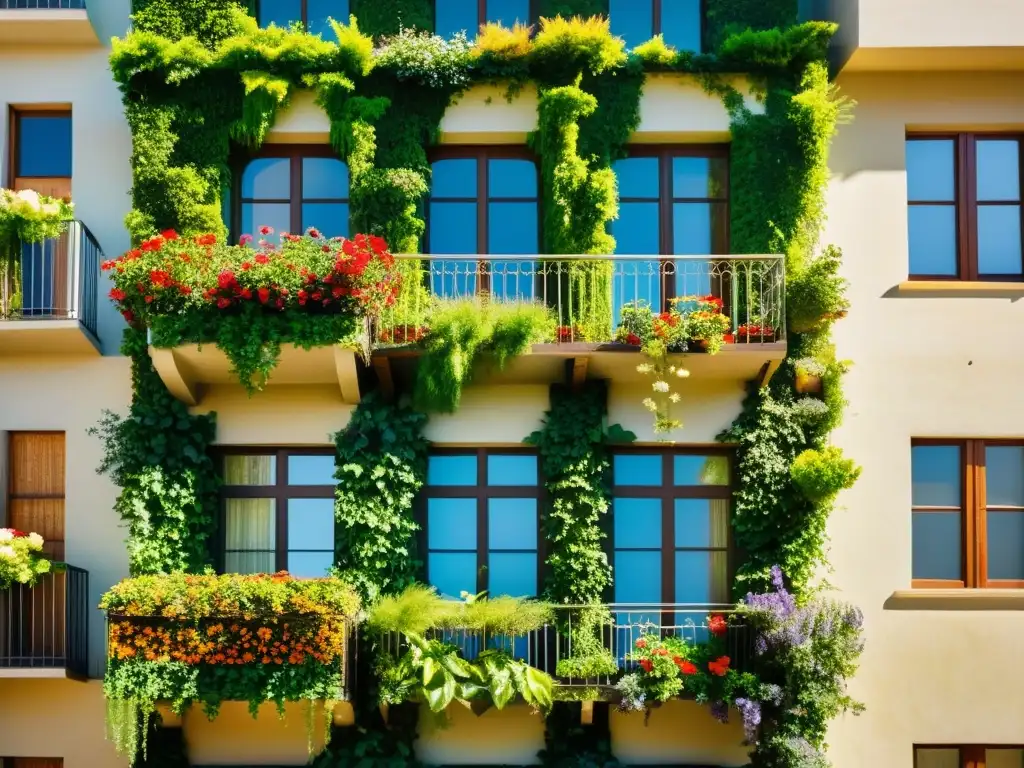 Edificio vintage con jardines verticales exuberantes Un edificio de varios pisos con jardines verticales, integración de naturaleza y arquitectura