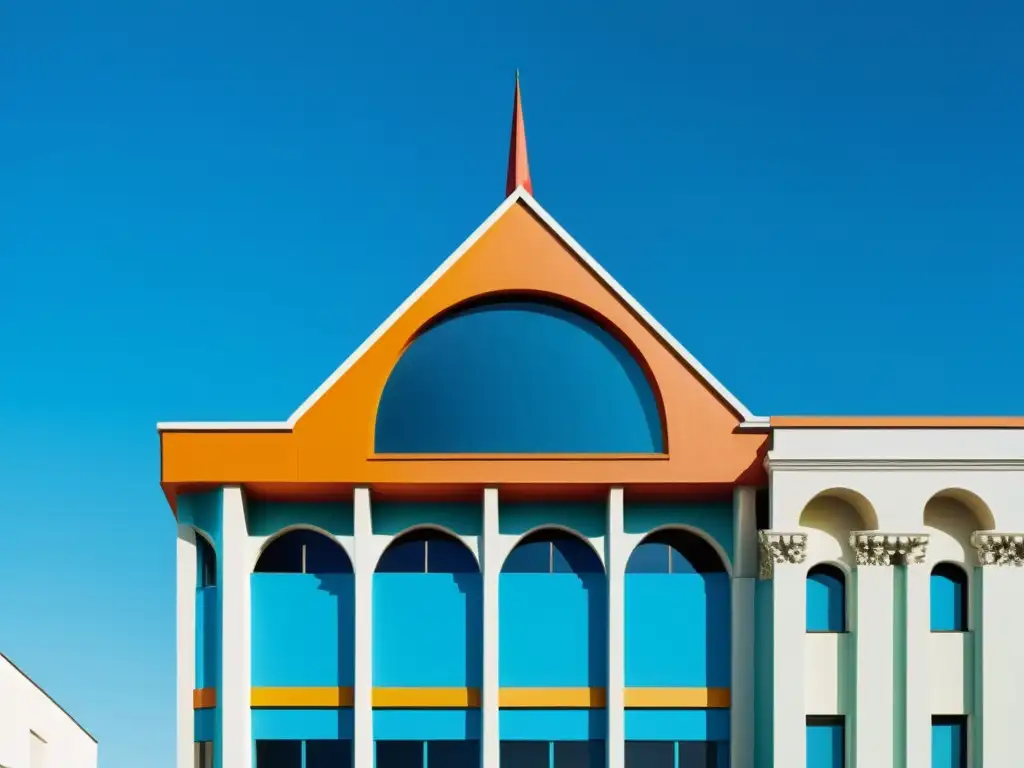 Una fotografía vintage de un edificio posmoderno, con colores brillantes y contrastantes, elementos arquitectónicos juguetones y una mezcla de referencias históricas