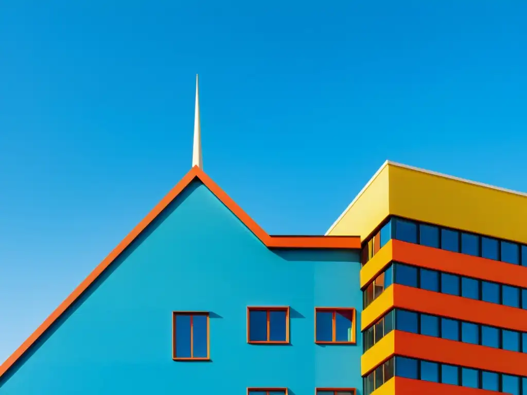 Edificio posmoderno con formas geométricas coloridas y referencias históricas, destacando en el cielo azul