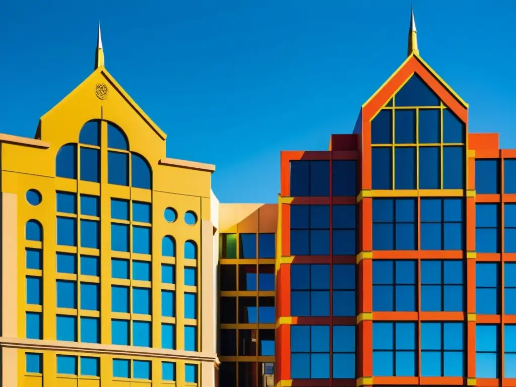 Edificio posmoderno con geometría colorida y elementos históricos, resalta en el cielo azul