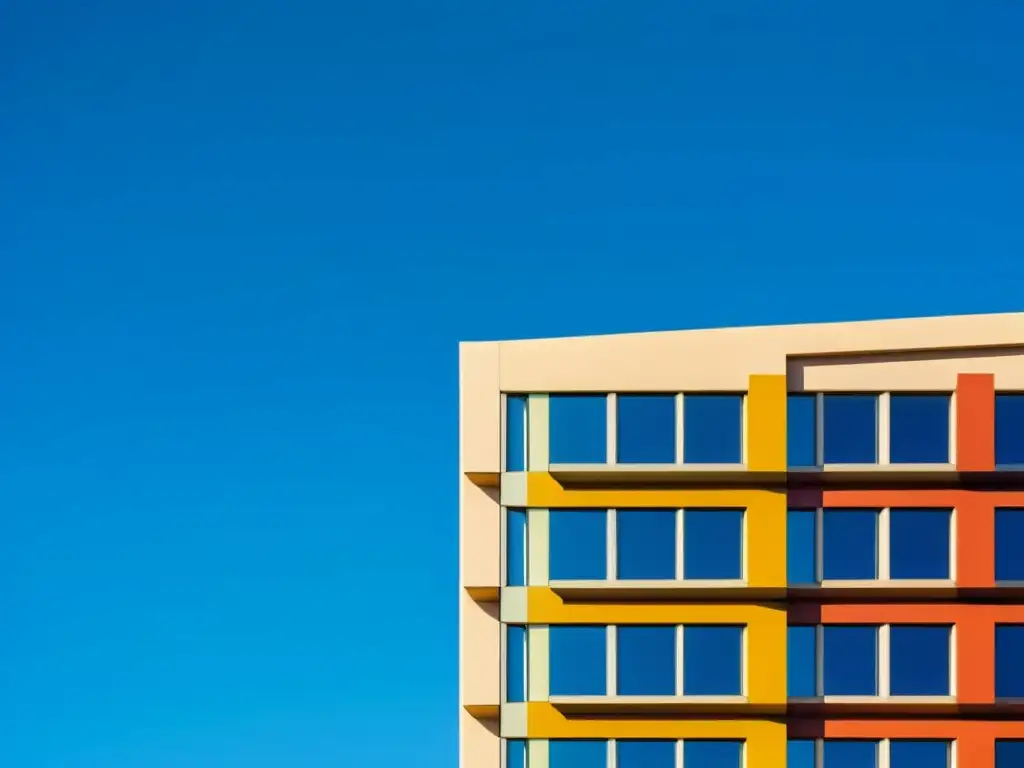 Edificio postmoderno con colores y texturas vibrantes en contraste con el cielo azul brillante