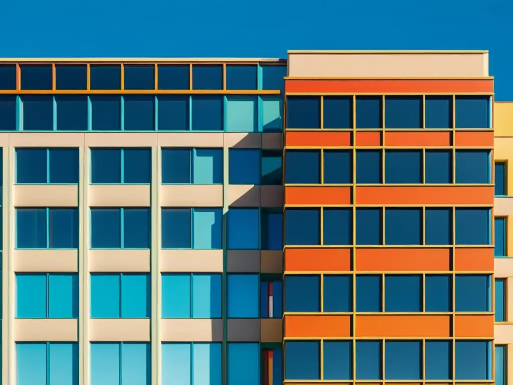 'Edificio postmoderno con colores y texturas vibrantes, formas geométricas y elementos arquitectónicos eclécticos, destacándose bajo el cielo azul