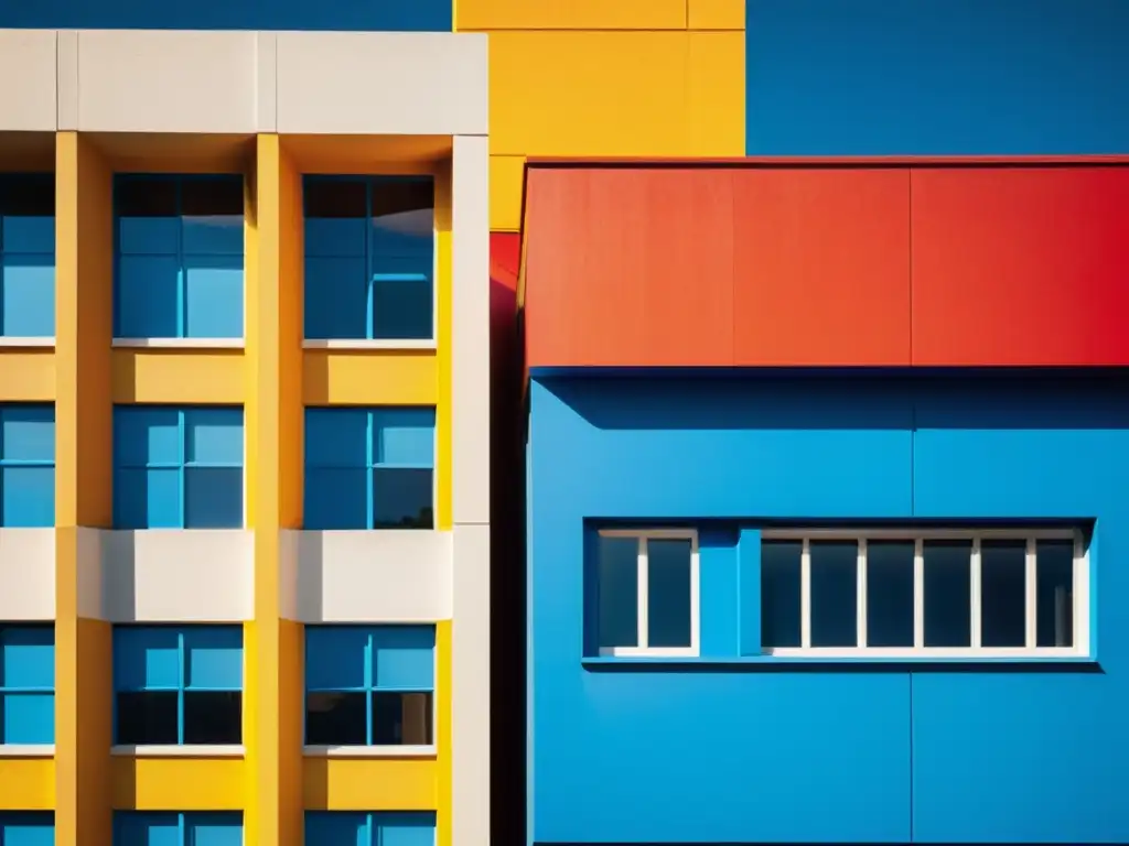 Edificio postmoderno con colores vibrantes y texturas dinámicas