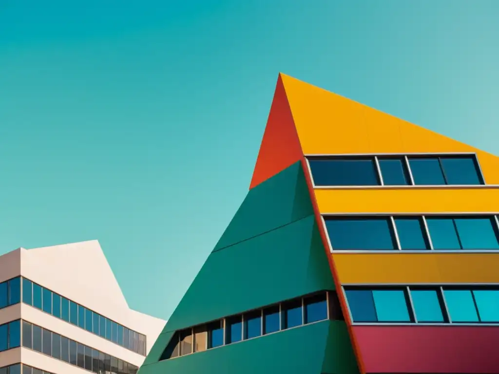 Edificio postmoderno con formas geométricas audaces y colores vibrantes en una ciudad bulliciosa