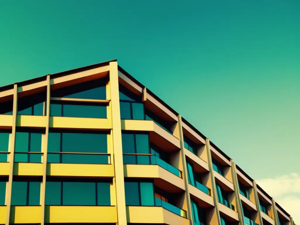 Una fotografía vintage de un edificio residencial deconstructivista, con su estructura fragmentada y angulosa evocando un estilo práctico de deconstructivismo en arquitectura residencial