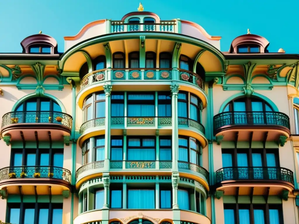 Edificio residencial Art Nouveau con detalles florales y balcones de hierro forjado