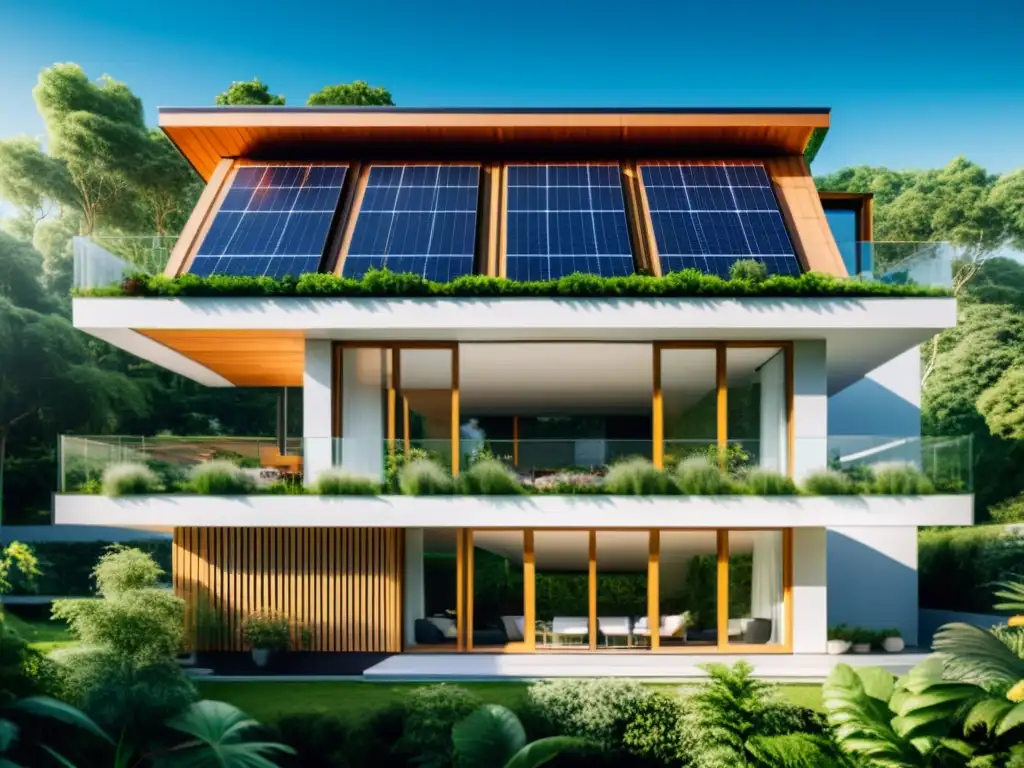 Edificio sostenible con aislantes térmicos para edificaciones sustentables, rodeado de naturaleza y con paneles solares en el techo