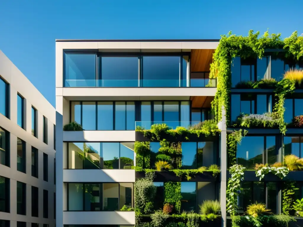 Edificio sostenible con certificaciones verdes en arquitectura, rodeado de vegetación y diseño ecoamigable, bajo el sol brillante y cielo azul