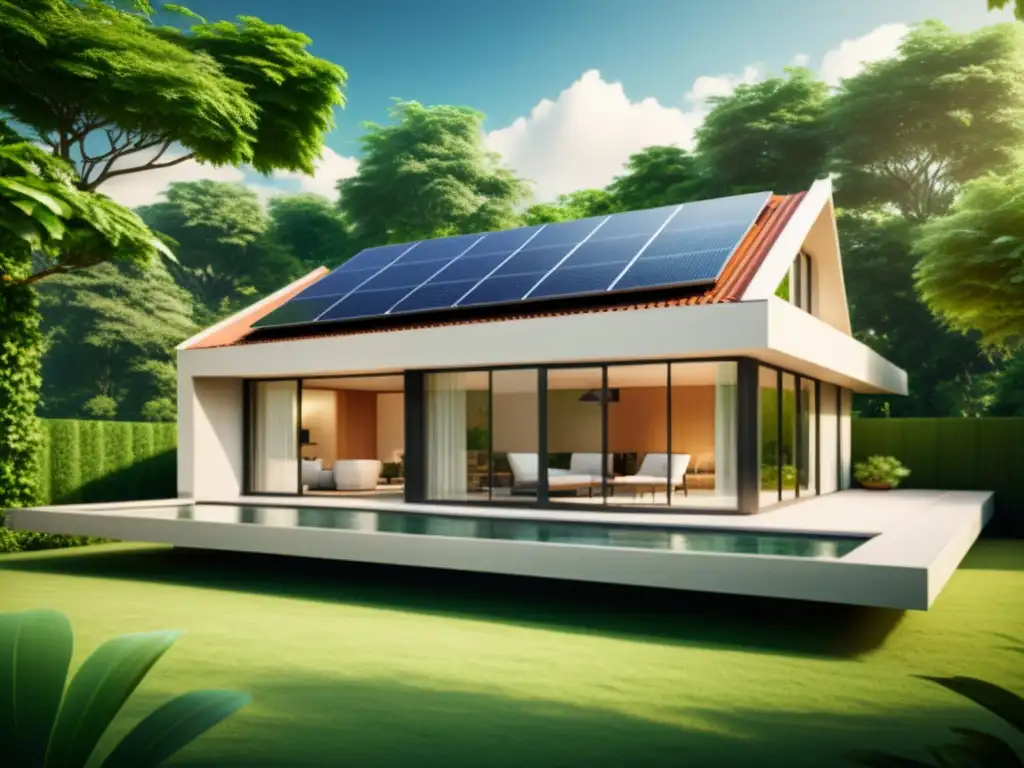 Edificio sostenible con diseño moderno y compuestos para eficiencia energética, rodeado de vegetación exuberante y paneles solares en el techo