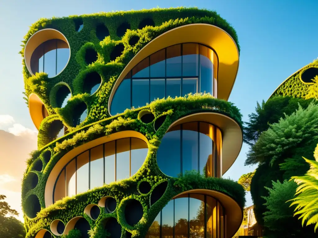 Edificio sostenible con patrones de la naturaleza en arquitectura, diseño orgánico y vegetación integrada en entorno natural soleado