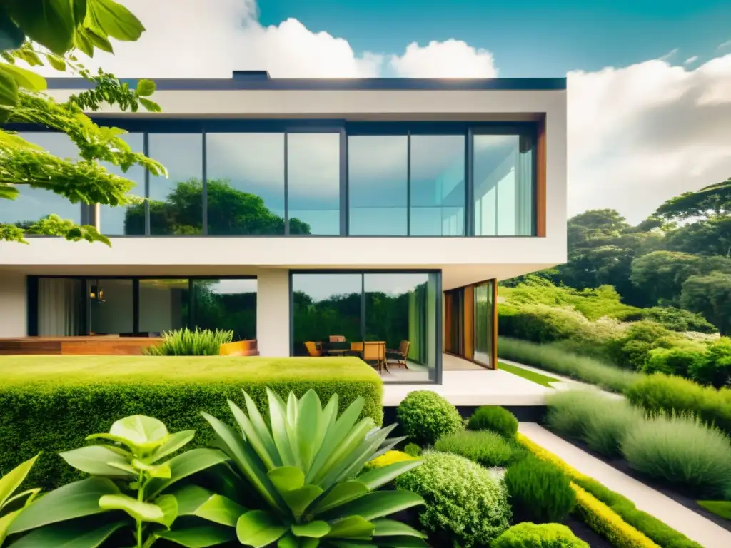 Edificio sostenible fusiona modernidad y naturaleza Edificio sostenible con Certificación BREEAM en construcción sostenible, rodeado de vegetación y diseño arquitectónico moderno