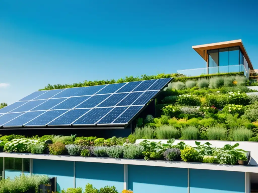 Edificio sostenible con techos verdes y paneles solares, armonía entre naturaleza y energía limpia, beneficios techos verdes energía limpia