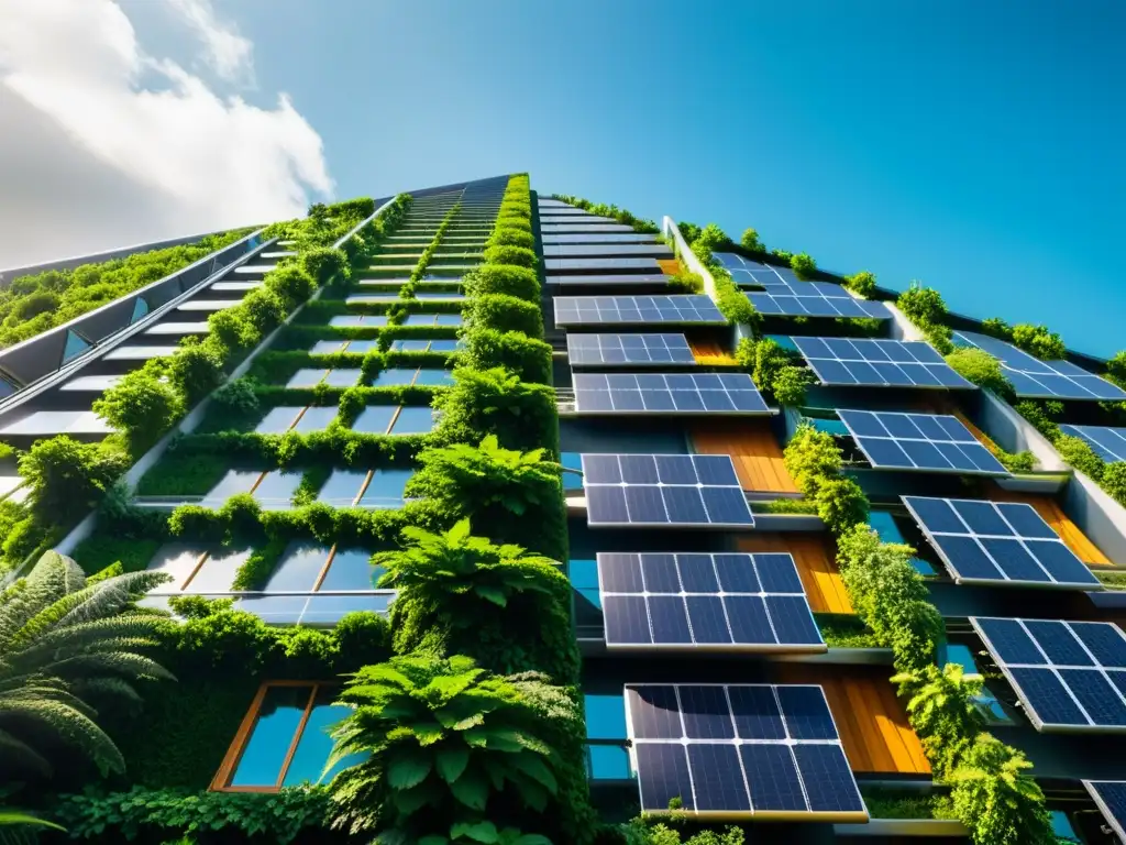 Edificio urbano cubierto de exuberante vegetación, con techos verdes y energía limpia, mostrando beneficios sostenibles