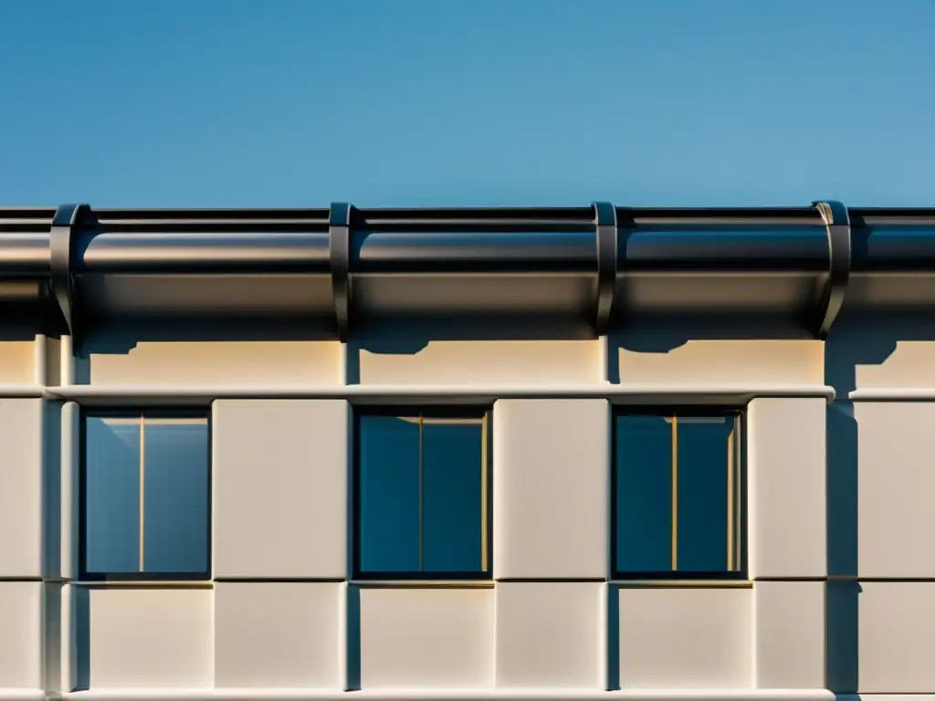 Una fotografía vintage de un edificio urbano moderno con un elegante sistema de captación de agua lluvia