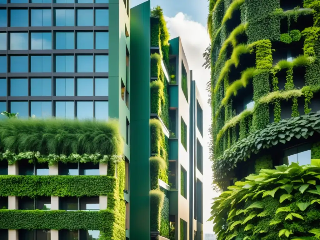 Edificio urbano moderno con jardines verticales exuberantes