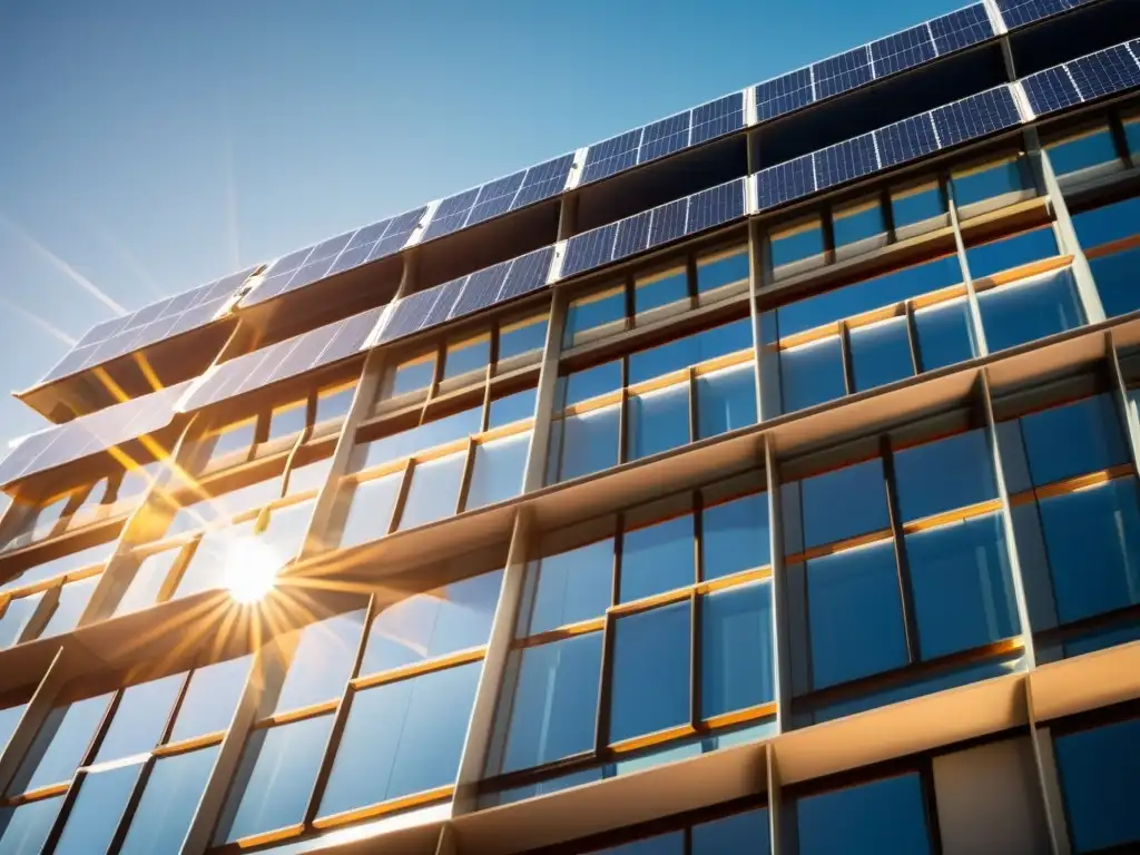 Edificio urbano moderno con paneles solares integrados, capturando la luz del sol y convirtiéndola en energía