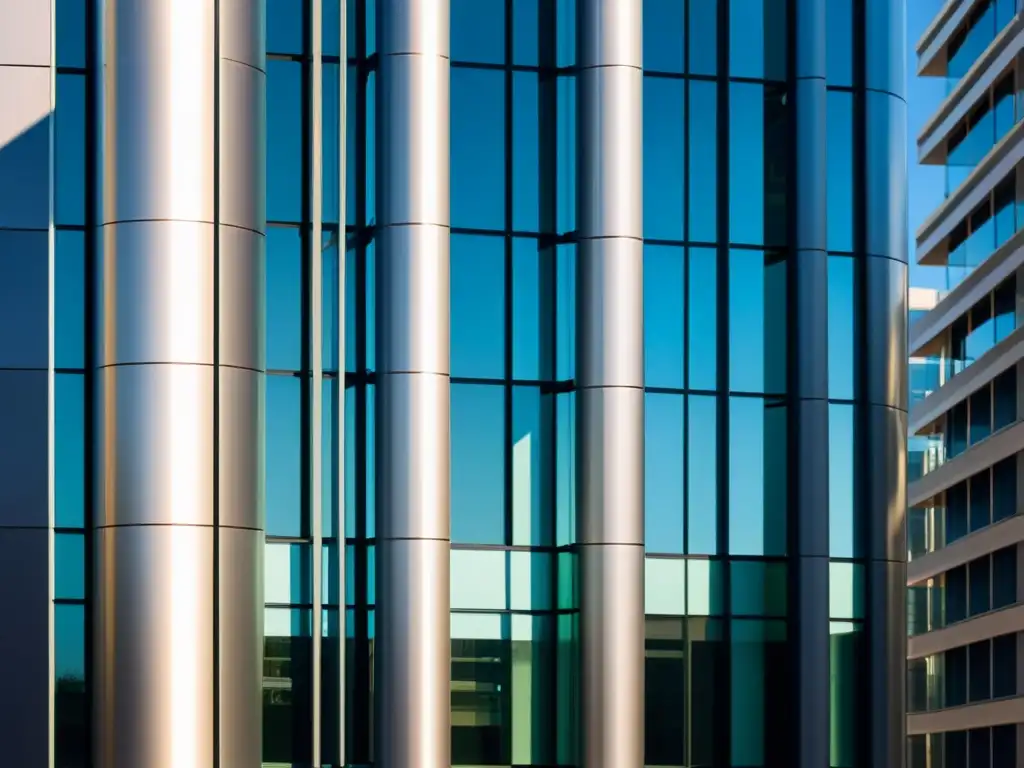 Edificio urbano moderno con sistema de captación de agua lluvia integrado en su arquitectura, reflejando sostenibilidad e innovación