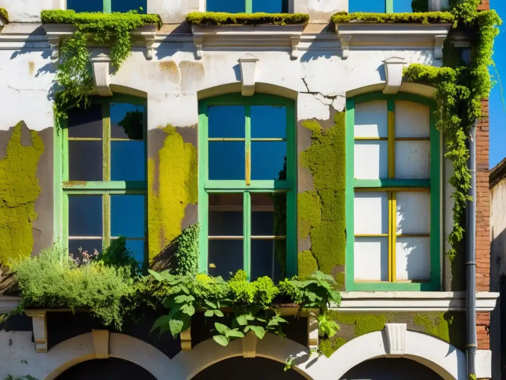 Un edificio urbano en ruinas, cubierto de enredaderas y musgo verde, bañado por la luz del atardecer