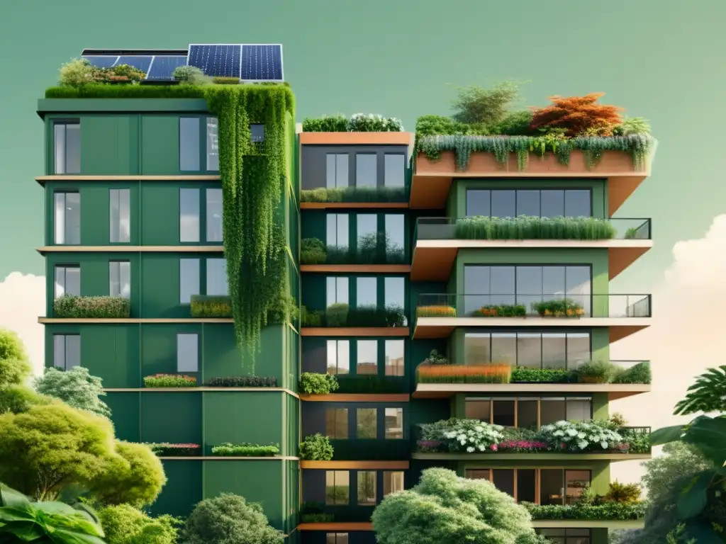 Un edificio verde como pulmón urbano, rodeado de exuberante vegetación y con un diseño sostenible en una ilustración vintage