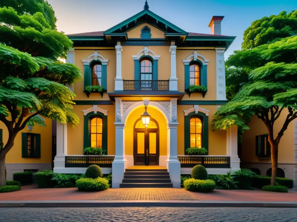 Convertir edificios históricos en residencias de lujo: Majestuoso edificio histórico restaurado con detalles arquitectónicos y exuberante vegetación