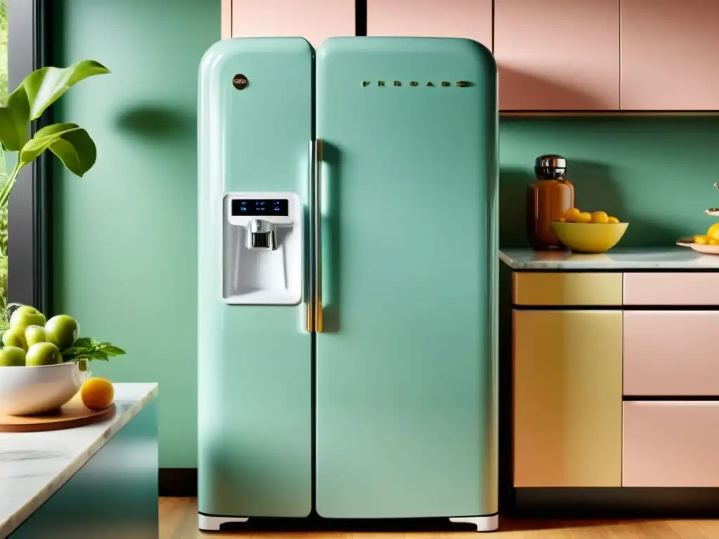 Electrodomésticos de diseño para cocinas: Refrigerador inteligente vintage con detalles retro y tecnología moderna en una cocina nostálgica y moderna