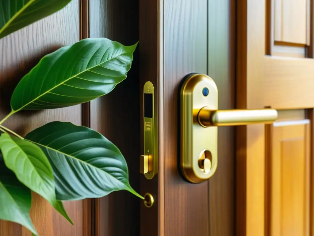 Un elegante cerrojo inteligente vintage se integra a la perfección en la puerta de madera de una casa ecológica