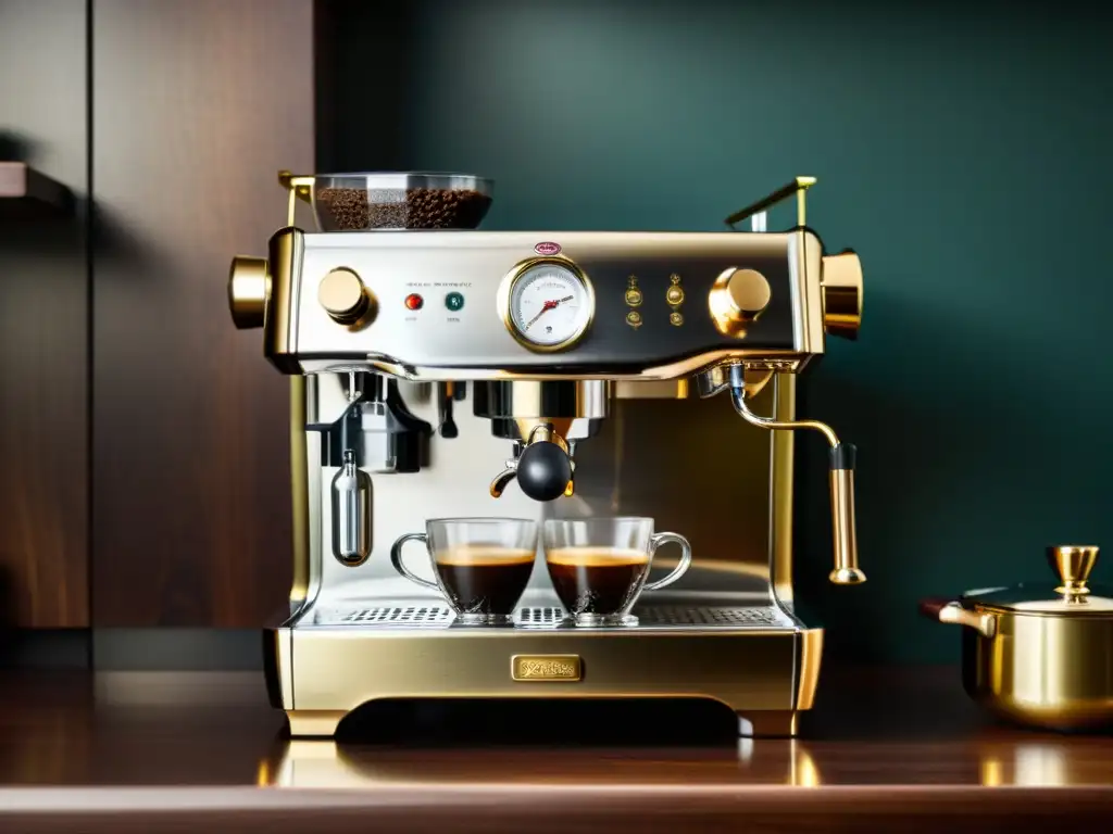 Una elegante máquina de espresso de diseño vintage en una cocina de madera oscura