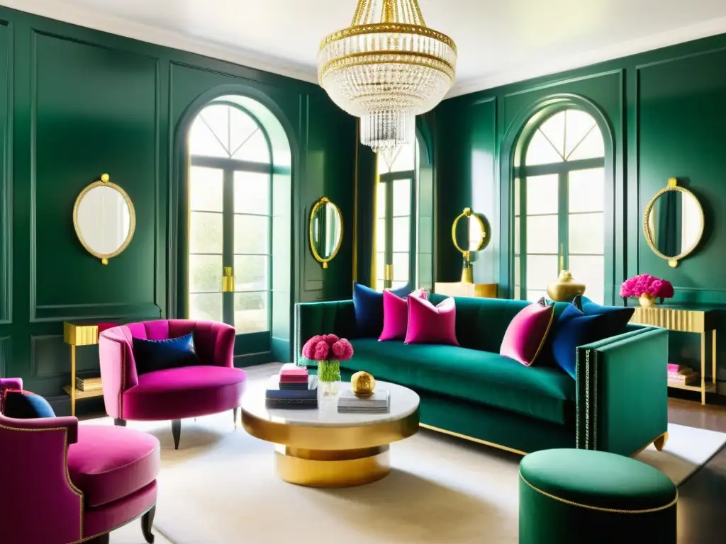 Un elegante salón Hollywood Regency con una paleta de colores audaz, un lujoso sofá de terciopelo verde esmeralda y detalles de fucsia y azul marino