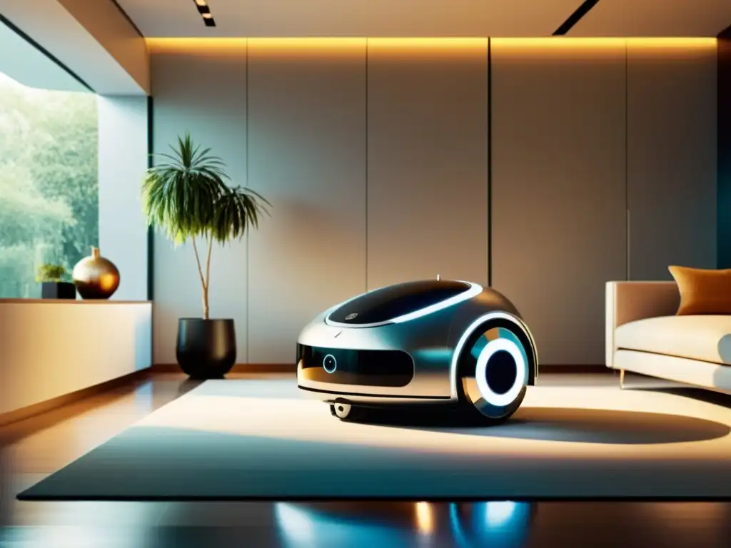 Un elegante robot de limpieza con influencia futurista en un diseño de interiores contemporáneos, deslizándose sin esfuerzo en una sala minimalista