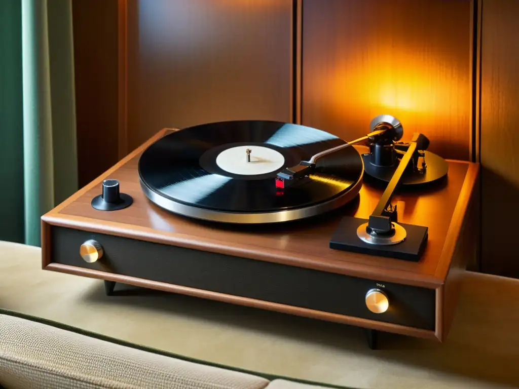 Una elegante sala con un tocadiscos vintage en una consola de audio