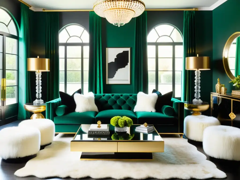 Un elegante salón al estilo Hollywood Regency con muebles lujosos en negro y dorado, cortinas de oro y detalles glamurosos