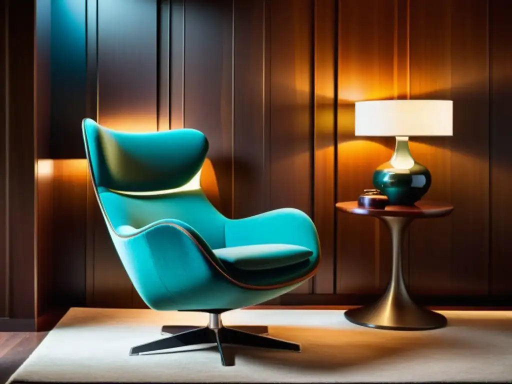 Un elegante sillón retrofuturista con iluminación LED integrada y controles táctiles en un salón vintage