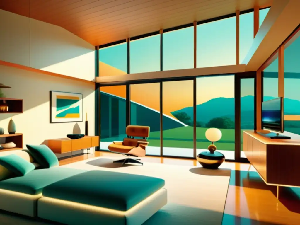 Hogar inteligente vintage: estilo futurista y elegancia atemporal Una elegante ilustración vintage de un hogar inteligente futurista con integración tecnológica y diseño energéticamente eficiente, bañado en cálida luz suave