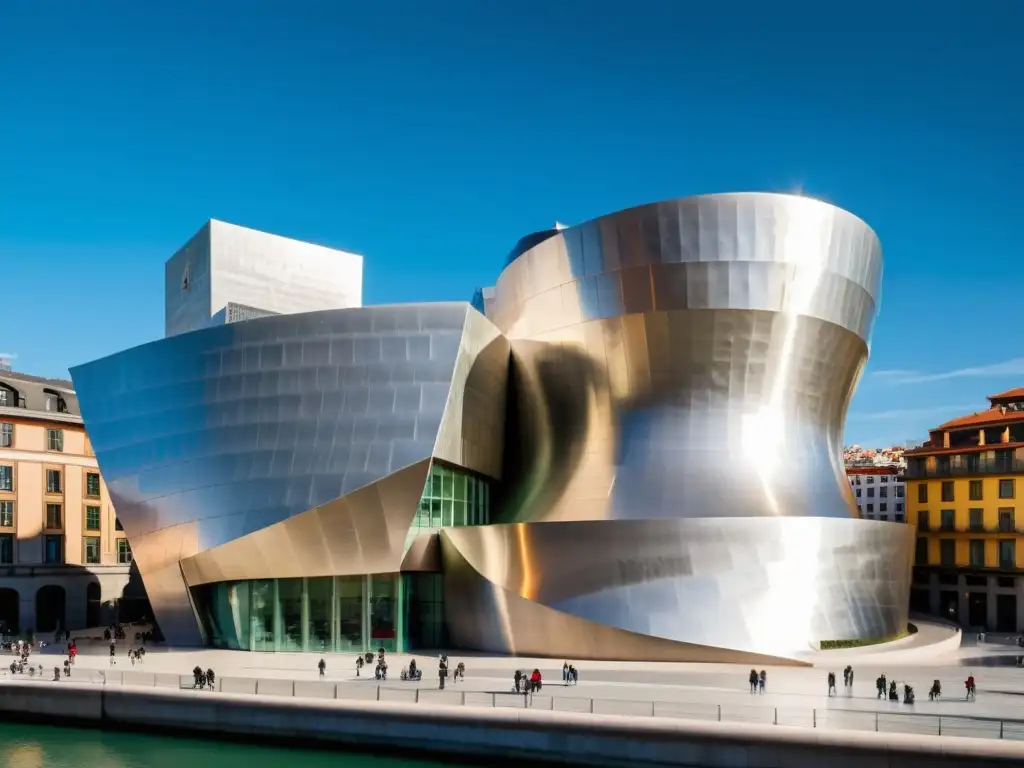 Emblemática fusión arquitectónica moderna: el icónico Museo Guggenheim en Bilbao, España, refleja la ciudad en titanio ultradetallado