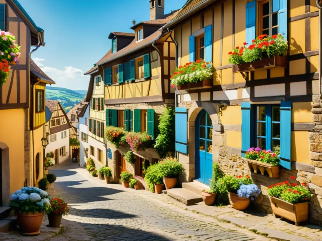 Encantador pueblo europeo con calles empedradas, casas tradicionales y flores coloridas