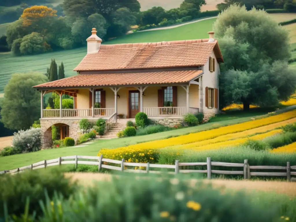 Encantadora casa estilo rústico histórica en colinas, con jardines exuberantes y atardecer cálido