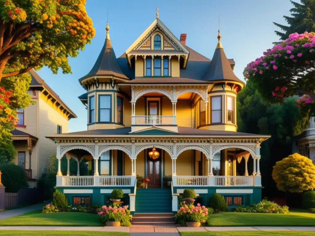 Una encantadora casa de estilo victoriano con detalles ornamentados y un cálido porche