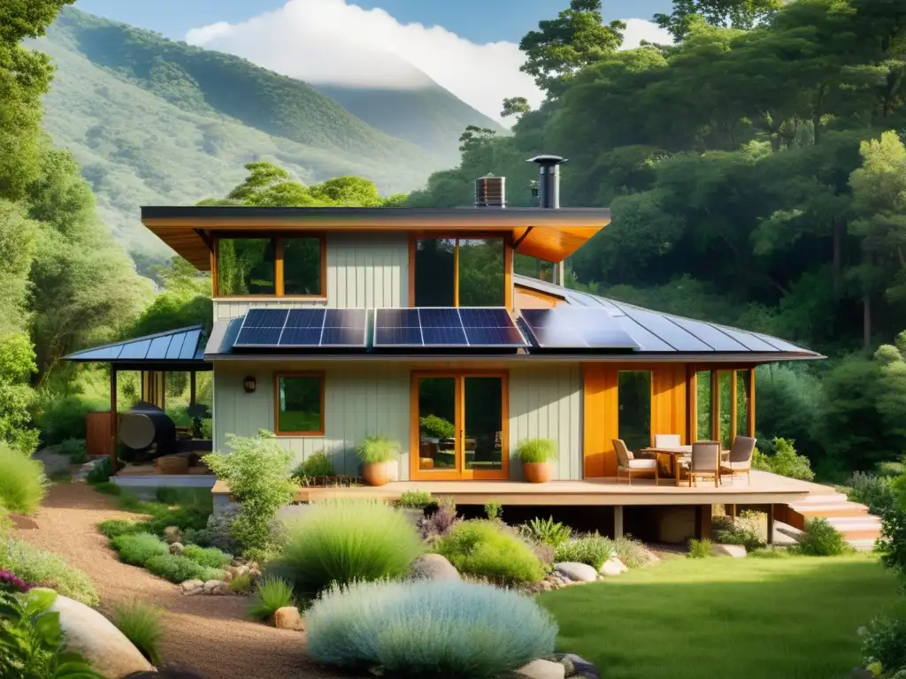 Una encantadora casa ecológica con jardín exuberante y paneles solares