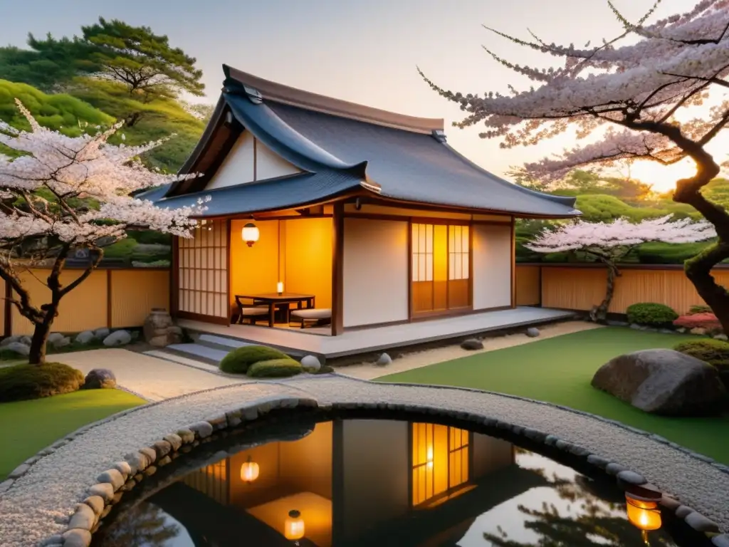 Una encantadora casa japonesa de madera con techo de paja, rodeada de un jardín tranquilo y un estanque de koi