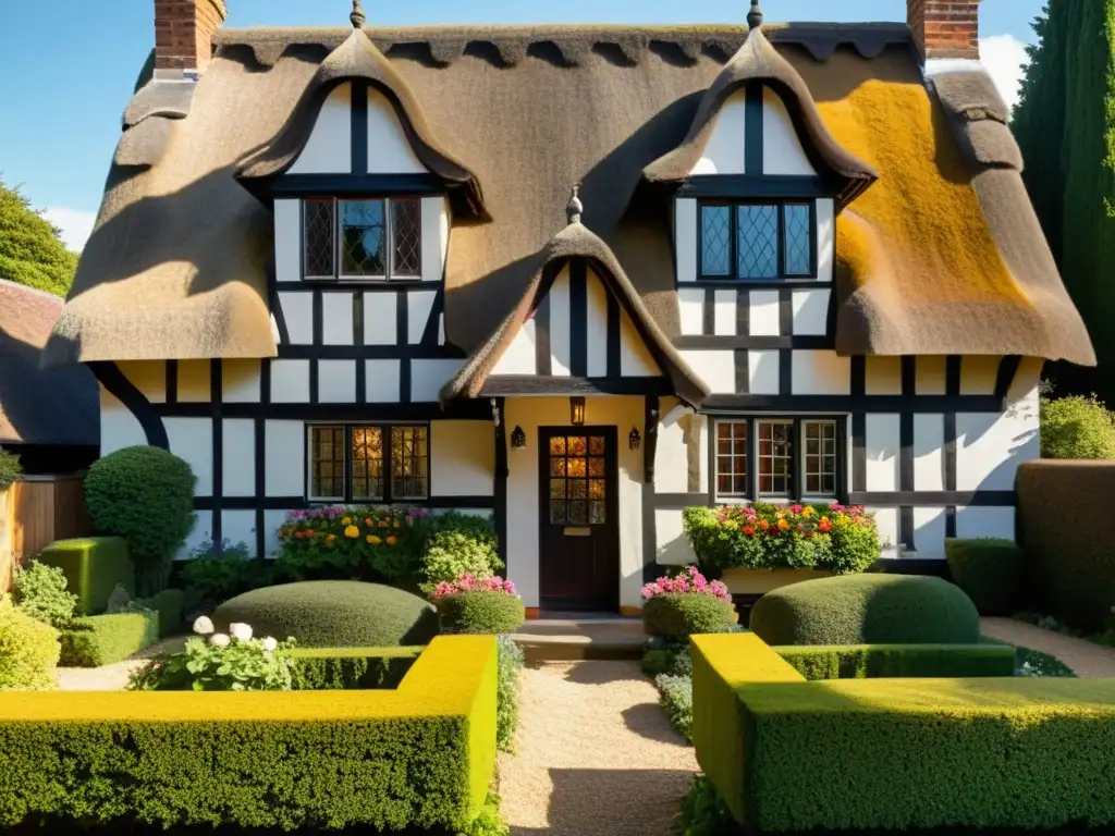 Encantadora casa Tudor con detalles vintage, como techo de paja y ventanas plomizas