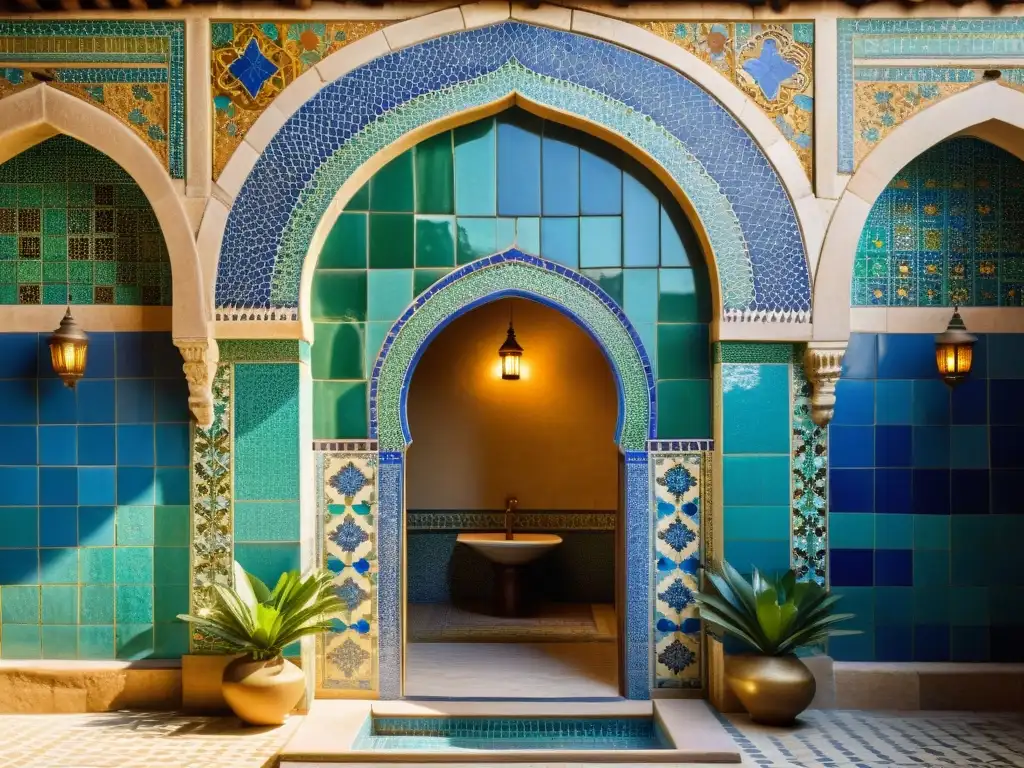 Entrada a baños árabes con azulejos en tonos azules, verdes y tierra, evocando la belleza de la arquitectura andalusí